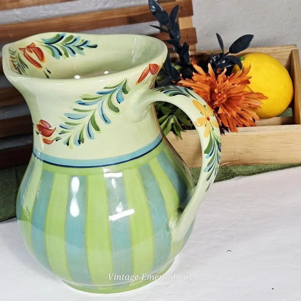 Vtg Large Provence Gail Pittman Water Pitcher Jug Flowers Green & Blue Stripes